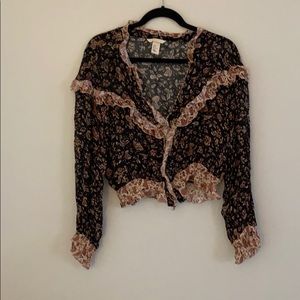 Ruffled Cropped Blouse V Neck